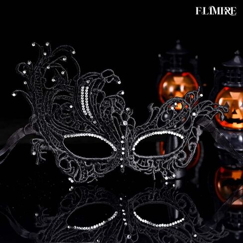 Rhinestone Masquerade Ball Mask for Women Black Lace Masks Halloween Costume Eye Mask Shiny Luxury Mask for Women in Saudi Arabia
