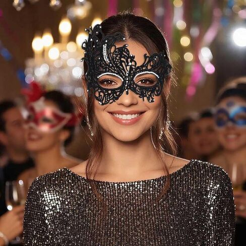 Rhinestone Masquerade Ball Mask for Women Black Lace Masks Halloween Costume Eye Mask Shiny Luxury Mask for Women in Saudi Arabia