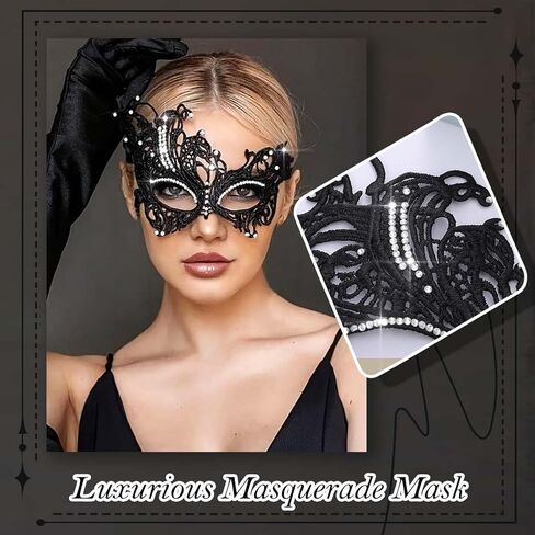 Rhinestone Masquerade Ball Mask for Women Black Lace Masks Halloween Costume Eye Mask Shiny Luxury Mask for Women in Saudi Arabia