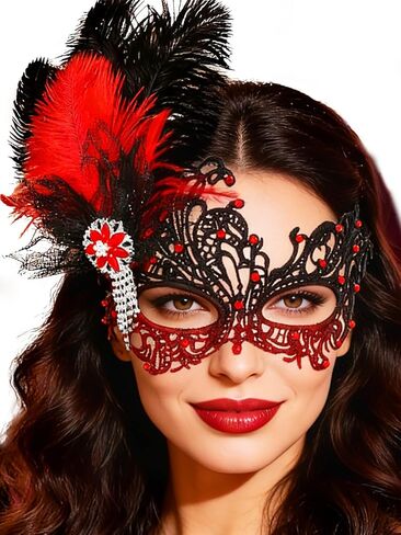 Urieo Feather Masquerade Mask Lace Venetian Mask Rhinestone Cosplay Masks for Women in Kuwait