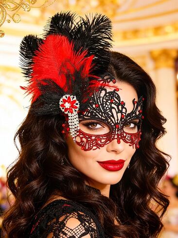 Urieo Feather Masquerade Mask Lace Venetian Mask Rhinestone Cosplay Masks for Women in Kuwait