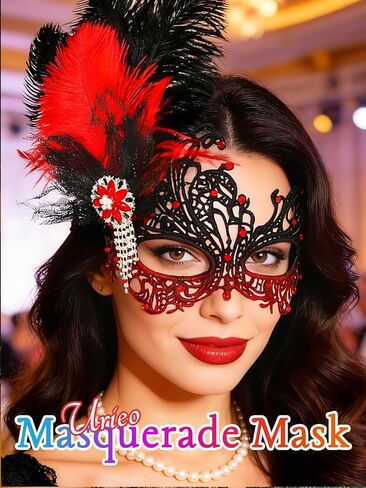 Urieo Feather Masquerade Mask Lace Venetian Mask Rhinestone Cosplay Masks for Women in Kuwait
