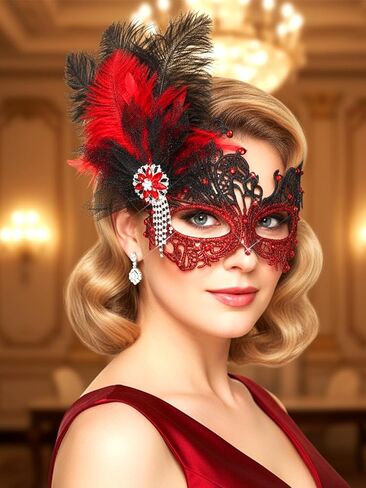 Urieo Feather Masquerade Mask Lace Venetian Mask Rhinestone Cosplay Masks for Women in Kuwait