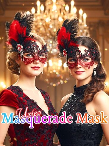 Urieo Feather Masquerade Mask Lace Venetian Mask Rhinestone Cosplay Masks for Women in Kuwait
