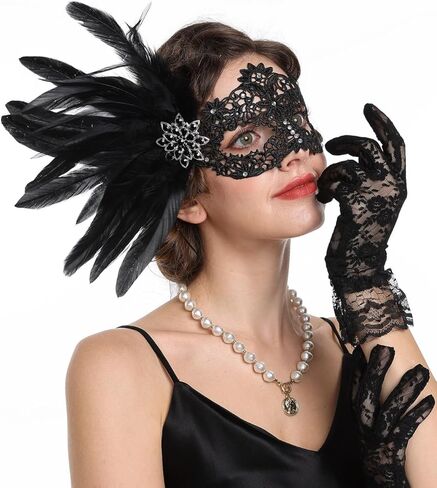 SAFERIN Lace Masquerade Mask & Gloves Set Delicate Feather Venetian Style Eye Mask for Halloween in Saudi Arabia