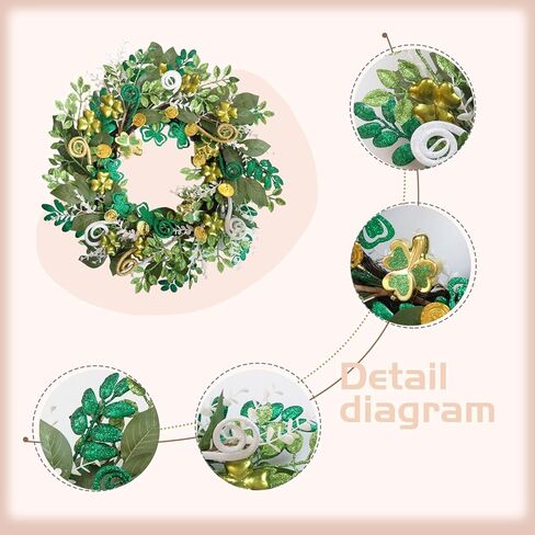 idyllic 22 Inch St. Patrick's Day Wreath Artificial Shamrock Eucalyptus Decor for Front Door Living Room Mantel Wall Window Porch Indoor Outdoor Holiday Home Decor in Saudi Arabia
