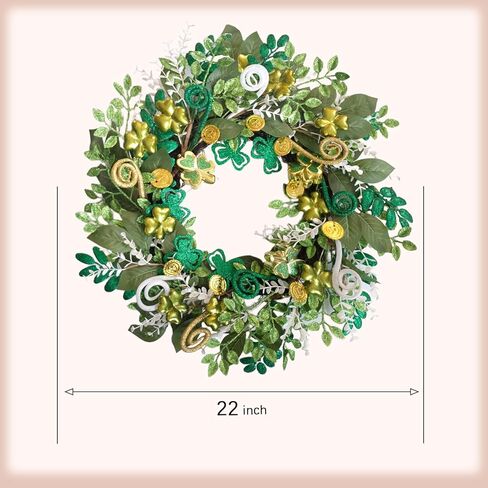 idyllic 22 Inch St. Patrick's Day Wreath Artificial Shamrock Eucalyptus Decor for Front Door Living Room Mantel Wall Window Porch Indoor Outdoor Holiday Home Decor in Saudi Arabia