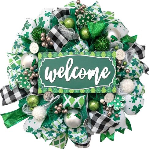 St. Patrick’s Day Front Door Decorations 20" Artificial Mesh Wreath Green Lucky Shamrock Clover Spring Summer Wreath with Welcome Board for Outdoor Indoor Farmhouse Wall Window Party Festival Decor in Saudi Arabia