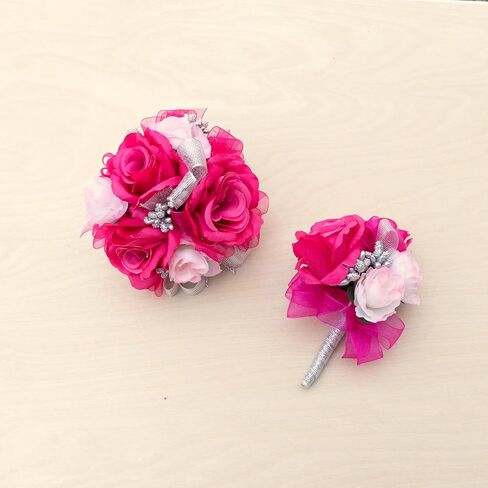 Ansuma Hot Pink Rose Corsage Boutonniere مجموعة زهور تعمل باللمس الحقيقي للرجال والنساء، العروس وصيفة الشرف العريس الفوشيه زهور الزفاف الملحقات حفلة موسيقية عشاء الرقص الذكرى السنوية (فوشيا) in Kuwait