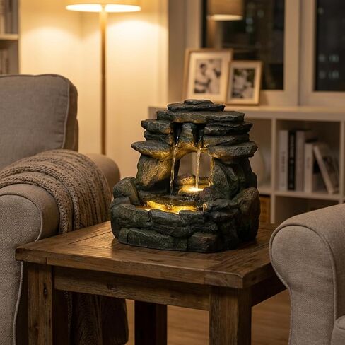 نافورة مياه صخرية على سطح الطاولة مقاس 15.55 بوصة - نافورة شلال حجرية مكدسة مع ضوء LED، نافورة منضدية داخلية من Zen للمكتب، طاولة جانبية، مكتب منزلي، ديكور للتأمل in Kuwait