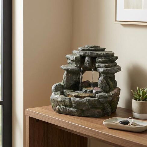 نافورة مياه صخرية على سطح الطاولة مقاس 15.55 بوصة - نافورة شلال حجرية مكدسة مع ضوء LED، نافورة منضدية داخلية من Zen للمكتب، طاولة جانبية، مكتب منزلي، ديكور للتأمل in Kuwait