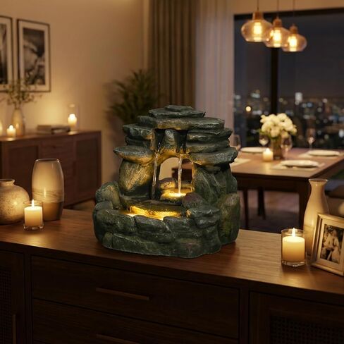 نافورة مياه صخرية على سطح الطاولة مقاس 15.55 بوصة - نافورة شلال حجرية مكدسة مع ضوء LED، نافورة منضدية داخلية من Zen للمكتب، طاولة جانبية، مكتب منزلي، ديكور للتأمل in Kuwait