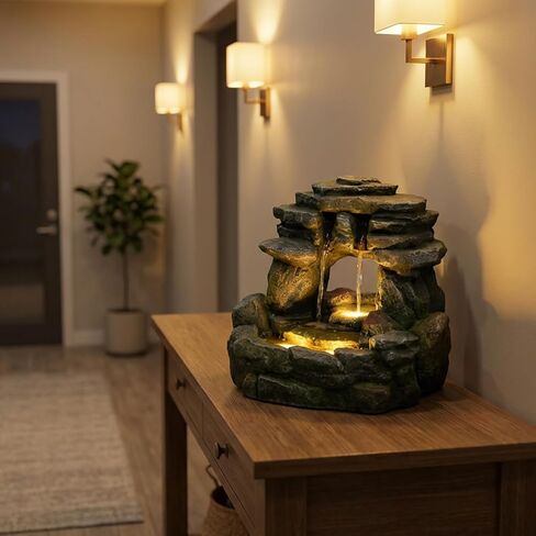 نافورة مياه صخرية على سطح الطاولة مقاس 15.55 بوصة - نافورة شلال حجرية مكدسة مع ضوء LED، نافورة منضدية داخلية من Zen للمكتب، طاولة جانبية، مكتب منزلي، ديكور للتأمل in Kuwait