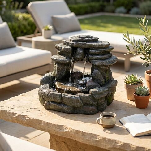 نافورة مياه صخرية على سطح الطاولة مقاس 15.55 بوصة - نافورة شلال حجرية مكدسة مع ضوء LED، نافورة منضدية داخلية من Zen للمكتب، طاولة جانبية، مكتب منزلي، ديكور للتأمل in Kuwait