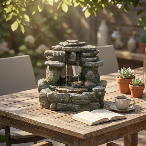 نافورة مياه صخرية على سطح الطاولة مقاس 15.55 بوصة - نافورة شلال حجرية مكدسة مع ضوء LED، نافورة منضدية داخلية من Zen للمكتب، طاولة جانبية، مكتب منزلي، ديكور للتأمل in Kuwait