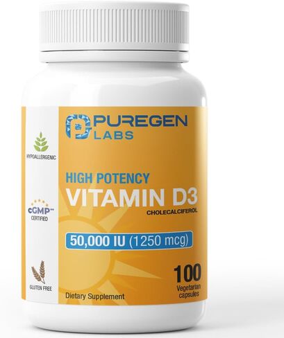 Puregen Labs فيتامين D3 50000 وحدة دولية (1250 ميكروجرام) إمداد لمدة 100 أسبوع لوظيفة العضلات الصحية ودعم المناعة، غير معدل وراثيًا، خالي من الغلوتين 100 كبسولة نباتية in Kuwait