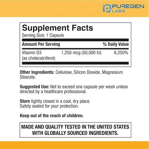 Puregen Labs فيتامين D3 50000 وحدة دولية (1250 ميكروجرام) إمداد لمدة 100 أسبوع لوظيفة العضلات الصحية ودعم المناعة، غير معدل وراثيًا، خالي من الغلوتين 100 كبسولة نباتية in Kuwait