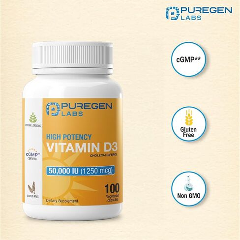 Puregen Labs فيتامين D3 50000 وحدة دولية (1250 ميكروجرام) إمداد لمدة 100 أسبوع لوظيفة العضلات الصحية ودعم المناعة، غير معدل وراثيًا، خالي من الغلوتين 100 كبسولة نباتية in Kuwait