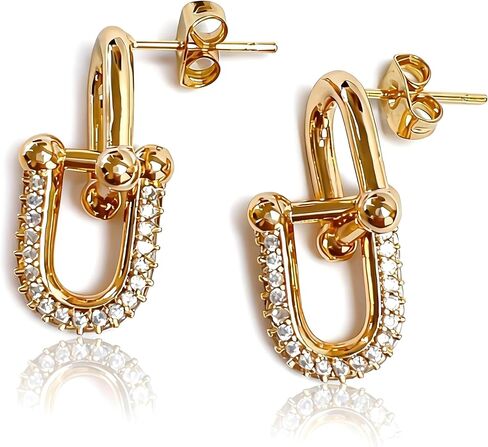 Interlocking Link Convertible Paperclip Round Two Drop Dangled Huggie Small Hoops, Champagne Gold Plated Cubic Zirconia CZ Geometric Minimalist Hypoallergenic for Sensitive Ears Skin for Women in Saudi Arabia