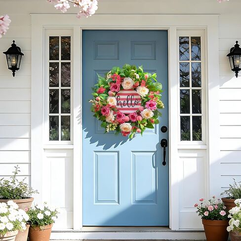 Spring Wreaths for Front Door, Summer Green Wreath, Daisy Yellow Green Floral Wreaths,Home Decor Decorations for Farmhouse Outdoor Indoors Thanksgiving Christmas in Kuwait