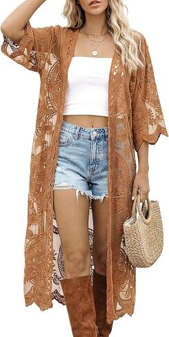 Kimonos for Women Lace Cardigan Swimsuit Cover up Summer Kimono Cardigan Open Front Sheer Long Boho Coverup in Saudi Arabia