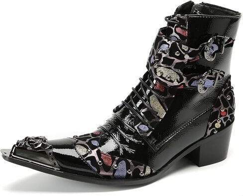 Santimon Men's Gothic Punk Buckle Western Cowboy Boots – Genuine Leather Metal Spiked Toe, Lace-Up Ankle Boots with Buckle & Studs for Club, Party, Stage in Saudi Arabia