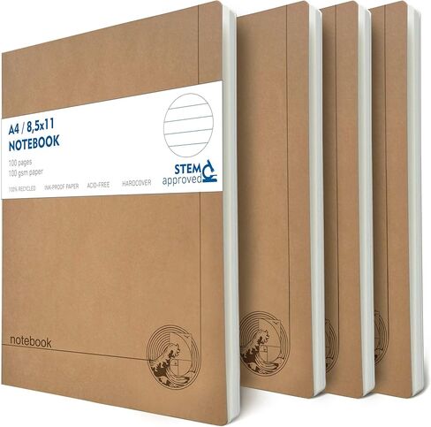 مجموعة دفاتر ملاحظات مبطنة مقاس A4 من le vent - 4 عبوات من المجلات الورقية المسطرة، 100 صفحة، 100 جرام في المتر المربع، مسطحة، صديقة للبيئة، غلاف فني مقاس 8.5 × 11 للمدرسة والمكتب والطلاب in Kuwait