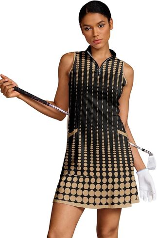 فساتين رياضية من ACEGOLFS للنساء صيفية بدون أكمام بسحاب ربع فستان بولو للجولف مع جيبين مطبوع للتمرين والتنس in Kuwait