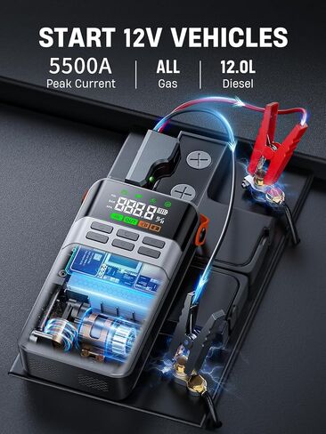 8-in-1 Car Jump Starter with Air Compressor – 5500A Peak, 150PSI Tire Inflator, 12V Portable Power Bank, LCD Display, and LED Flashlight for All Gas & 12.0L Diesel Engines in Saudi Arabia