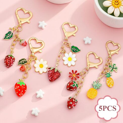 5 قطعة لطيف الفراولة حقيبة سلسلة مفاتيح Charms محفظة سلسلة Kawaii القلب ديزي سلاسل المفاتيح ظهره مفتاح سلسلة للنساء الفتيات in Kuwait