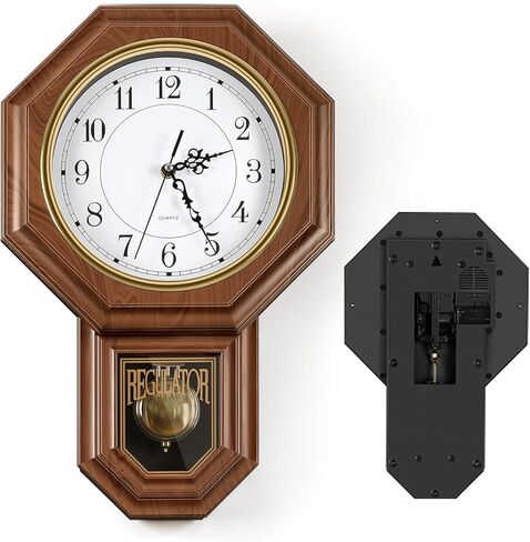 ساعات حائط بندول Sunexinlo تعمل بالبطارية، ساعة حائط منظمة مع البندول، ساعة الجد المزخرفة العتيقة لغرفة المعيشة وغرفة النوم والمطبخ والمكتب، بني 11.8 × 17.7 بوصة in Kuwait