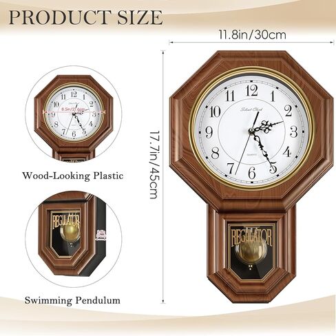 ساعات حائط بندول Sunexinlo تعمل بالبطارية، ساعة حائط منظمة مع البندول، ساعة الجد المزخرفة العتيقة لغرفة المعيشة وغرفة النوم والمطبخ والمكتب، بني 11.8 × 17.7 بوصة in Kuwait