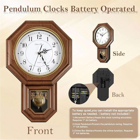 ساعات حائط بندول Sunexinlo تعمل بالبطارية، ساعة حائط منظمة مع البندول، ساعة الجد المزخرفة العتيقة لغرفة المعيشة وغرفة النوم والمطبخ والمكتب، بني 11.8 × 17.7 بوصة in Kuwait