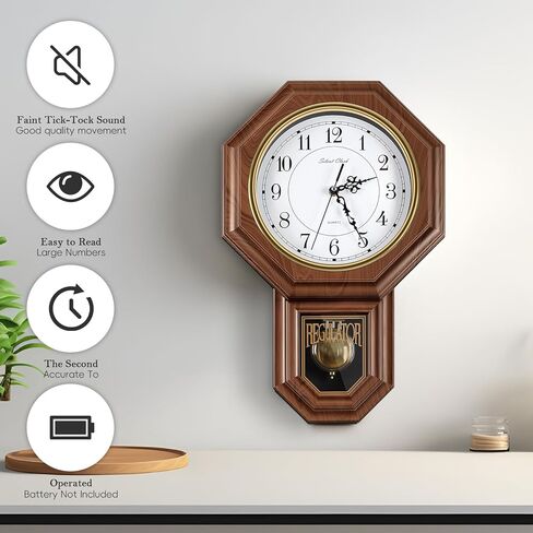 ساعات حائط بندول Sunexinlo تعمل بالبطارية، ساعة حائط منظمة مع البندول، ساعة الجد المزخرفة العتيقة لغرفة المعيشة وغرفة النوم والمطبخ والمكتب، بني 11.8 × 17.7 بوصة in Kuwait
