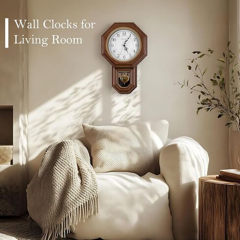 ساعات حائط بندول Sunexinlo تعمل بالبطارية، ساعة حائط منظمة مع البندول، ساعة الجد المزخرفة العتيقة لغرفة المعيشة وغرفة النوم والمطبخ والمكتب، بني 11.8 × 17.7 بوصة in Kuwait