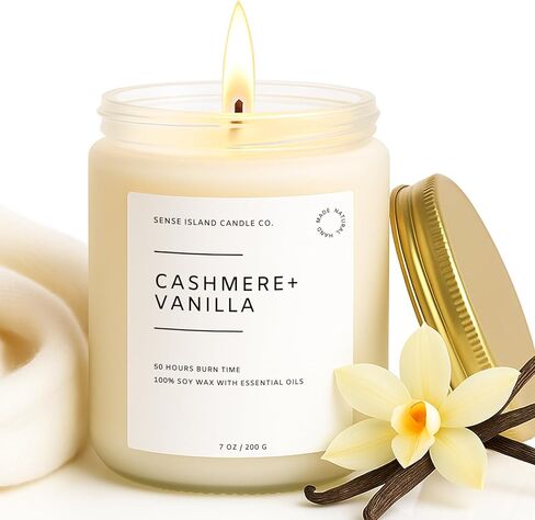 شمعة معطرة بالفانيليا والكشمير من سينس آيلاند للمنزل معطرة لمدة 50+ ساعة، كشمير مخملي كريمي معطر للغاية | هدايا شموع الصويا الطبيعية 100% للنساء شموع الفانيليا لقضاء عطلة مريحة in Kuwait