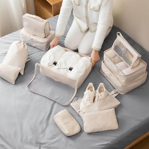 مكعبات تعبئة للسفر - 7 مجموعات من حقائب تنظيم الأمتعة للعائلة، مكعبات تعبئة شبكية قابلة للتنفس لحقائب السفر، مجموعة حقائب أساسية متينة مع حقيبة أدوات زينة كبيرة (بيج) in Kuwait