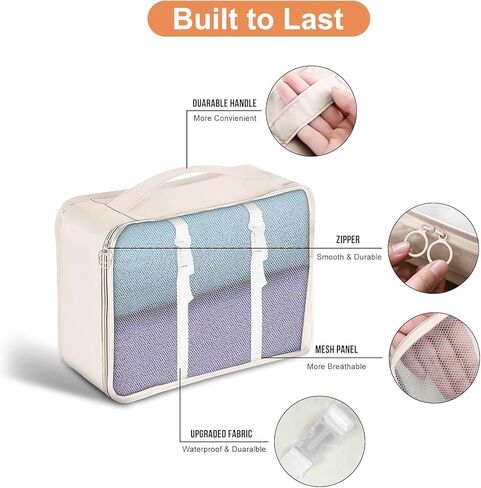 مكعبات تعبئة للسفر - 7 مجموعات من حقائب تنظيم الأمتعة للعائلة، مكعبات تعبئة شبكية قابلة للتنفس لحقائب السفر، مجموعة حقائب أساسية متينة مع حقيبة أدوات زينة كبيرة (بيج) in Kuwait