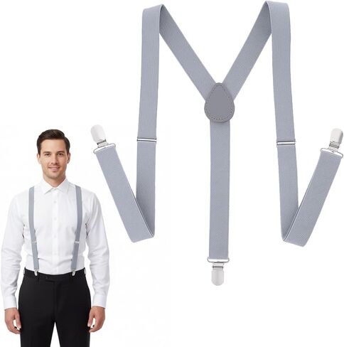 1 Inch Grey Suspenders for Men Y Shape Suspender Set with 3 Strong Clips Adjustable Braces, Y Shape with Strong Clips Adjustable Elastic Solid Color 1 Inch Wide YShape Costume Suspenders, Grey in Saudi Arabia