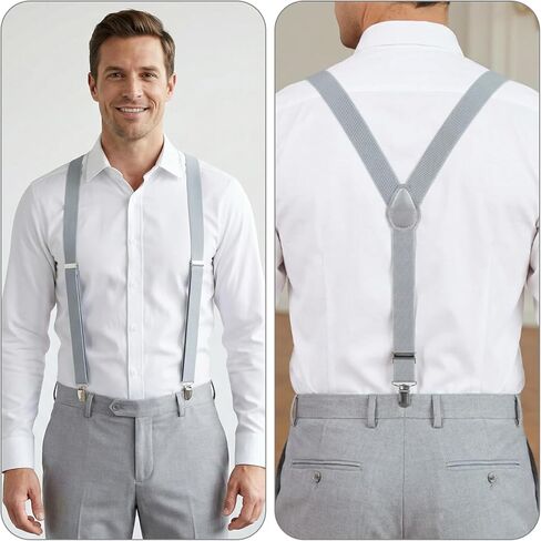 1 Inch Grey Suspenders for Men Y Shape Suspender Set with 3 Strong Clips Adjustable Braces, Y Shape with Strong Clips Adjustable Elastic Solid Color 1 Inch Wide YShape Costume Suspenders, Grey in Saudi Arabia