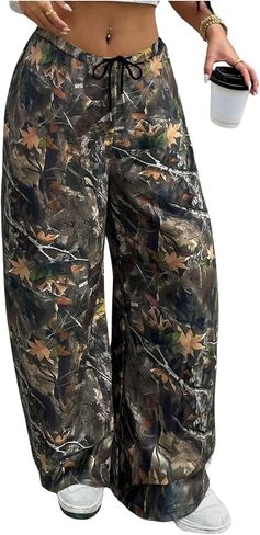 SOLY HUX Women's Plus Size Camo Pants Maple Leaf Print Drawstring Elastic Waist Baggy Wide Leg Sweatpants Streetwear in Saudi Arabia