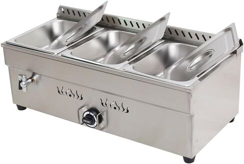 INTBUYING LP غاز حساء الطعام دفئا موقد باين ماري التجاري مقصف بوفيه سخان البخار الفولاذ المقاوم للصدأ 12 بوصة × 8.7 بوصة × 4 بوصة (مع صمام منظم الغاز) - 3 مقلاة in Kuwait