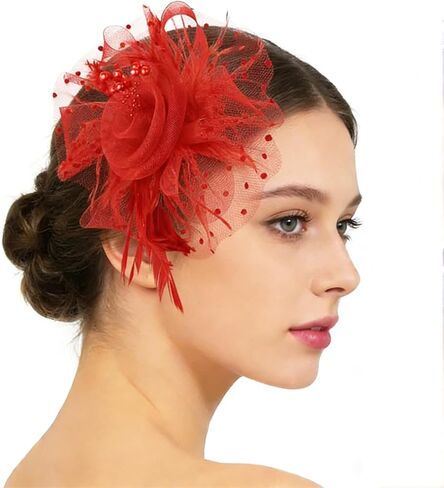 قبعة فاسيناتورز على شكل زهرة شبكية 20s 50s قبعة مستديرة لحفلات الشاي والكوكتيل للنساء (أسود) in Kuwait