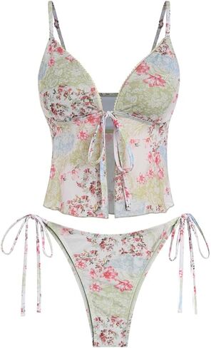 ZAFUL Tankini ملابس السباحة للنساء الدانتيل تقليم التعادل الجبهة محكم عالية قطع Tanga Tankini مجموعة in Kuwait