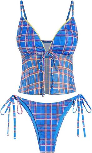 ZAFUL Tankini Swimsuits for Women Lace Trim Tie Front Textured High Cut Tanga Tankini Set in Saudi Arabia