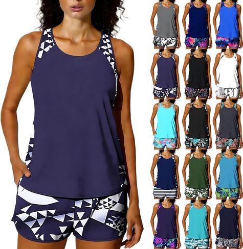 Tankini Swimsuits for Women High Waisted Tummy Control Two Piece Bathing Suits Swim Tank Top Boy Shorts Swim Suits in Kuwait