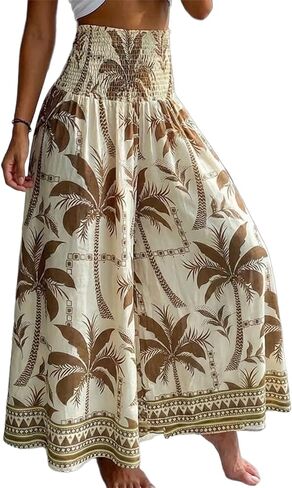 CHICME Boho Floral Shirred High Waisted Wide Leg Pants Flowy Trousers Summer Beach Vacation Wear in Kuwait