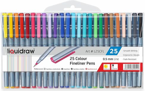 Liquidraw Multicolor Fineliner Pens - 25 Set | Fine Point 0.5 mm Tip | Storage Wallet | Ergonomic Colored Pens For Artists, Drawing, Calligraphy, Sketching, Bible Journaling Pen | Fade Resistant Ink in Kuwait