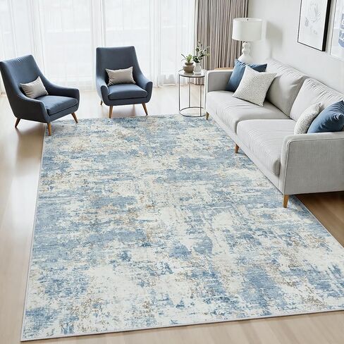 سجاد منطقة 8 × 10 سجادة غرفة المعيشة حديثة تجريدية محايدة قابلة للغسل سجادة ناعمة غير قابلة للانزلاق سجادة منطقة كبيرة منخفضة الوبر مقاومة للبقع ولا تتساقط لغرفة النوم والحضانة وغرفة الطعام والمنزل والمكتب باللون الأزرق in Kuwait