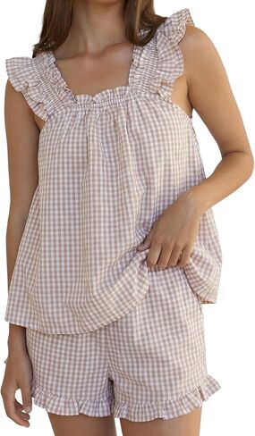 Wyeysyt Womens Gingham Pajamas Set Cotton Ruffle Babydoll Cami Top and Shorts 2 Piece Sleepwear Loungewear in Saudi Arabia